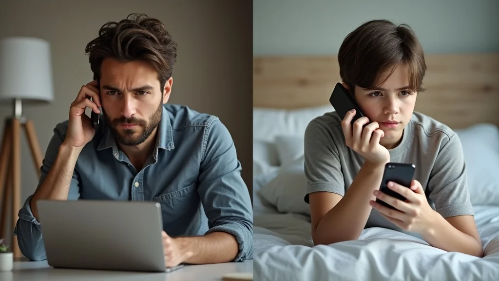 Split-image showing adult and adolescent side by side using phones — adult (calm, analytical) at desk and teen (uncertain, frowning) on bed, styled as Photorealistic set in subtly contrasting environments (home office vs. bedroom), featuring distinct personal items and time-of-day cues, rendered with nuanced facial details, crisp clothing, and clear backgrounds, highlighted with differentiated color temperatures, under directional soft light, captured as if shot with an 85mm lens.