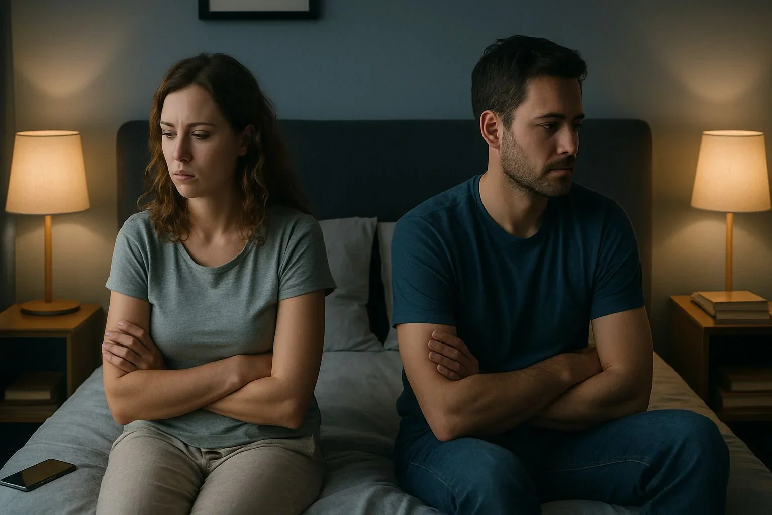 frustrated, emotionally distant couple experiencing trauma-related communication breakdown