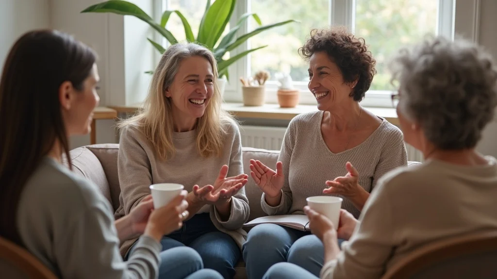 Balancing caregiving responsibilities: group of caregivers in relaxed, open support group setting, sharing relief and mutual understanding.