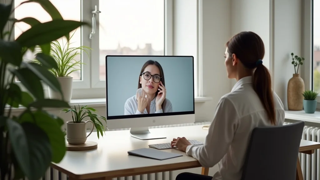 online couples therapy brighton - Clean, modern therapist’s digital workspace in Brighton, calm therapist prepared for a video session with leafy greenery and Brighton skyline outside the window