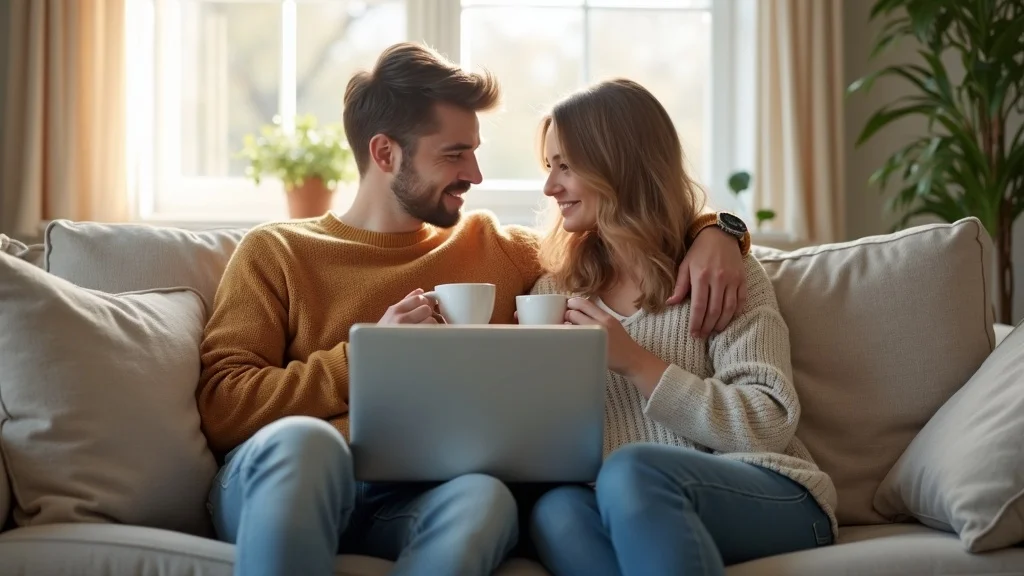 Warm supportive couple online couples therapy Brighton Hove reflective connected sunlit living room