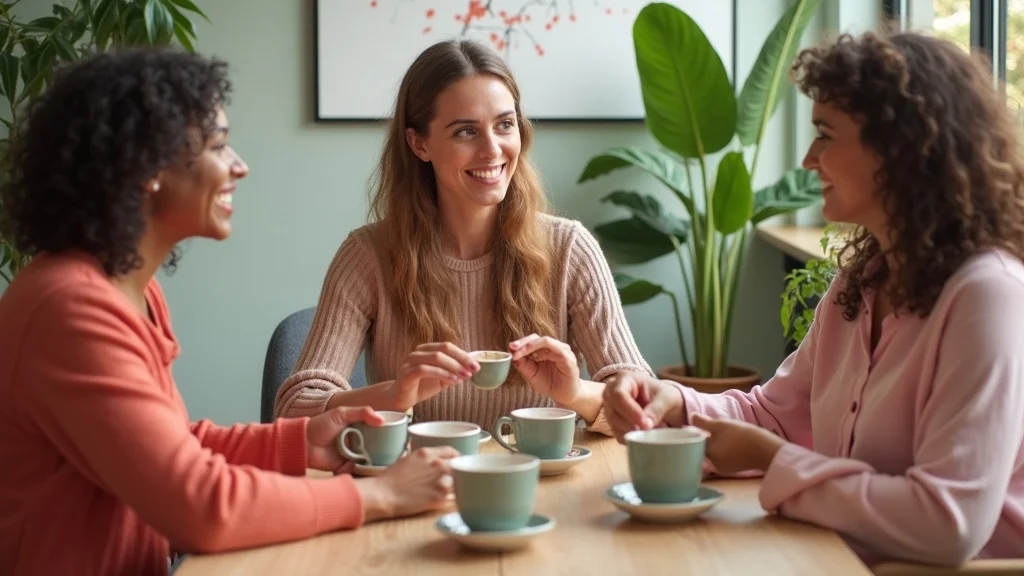 female entrepreneur anxiety - Supportive women entrepreneur group sharing in welcoming Hove community space, photorealistic, bright walls and plants