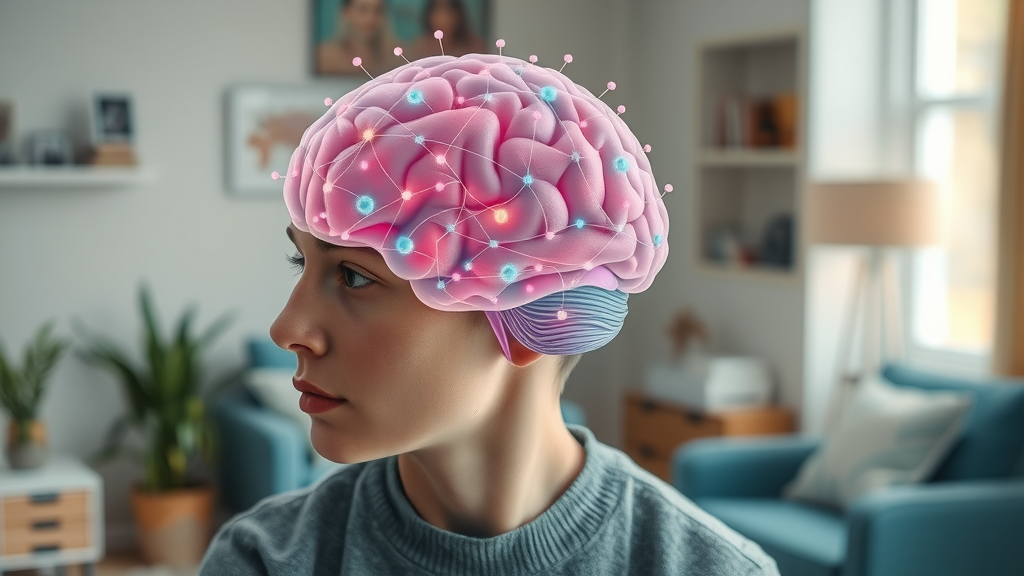 Photorealistic illustration of a human brain with emotive patterns symbolising trauma, set in a softly blurred therapy room.