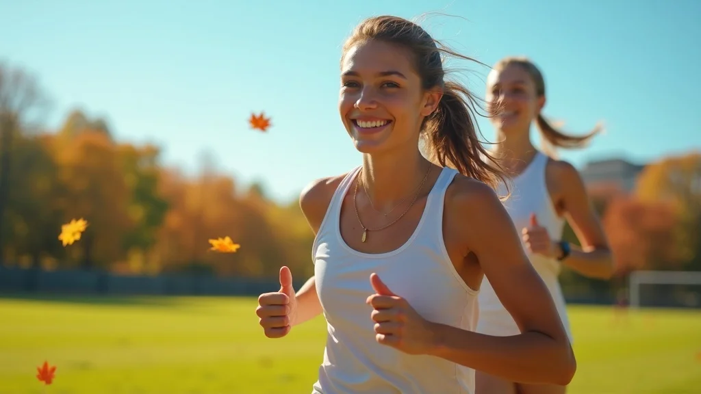Relieved young athlete after eating disorder counselling, jogging outdoors with a teammate, joyful expression.