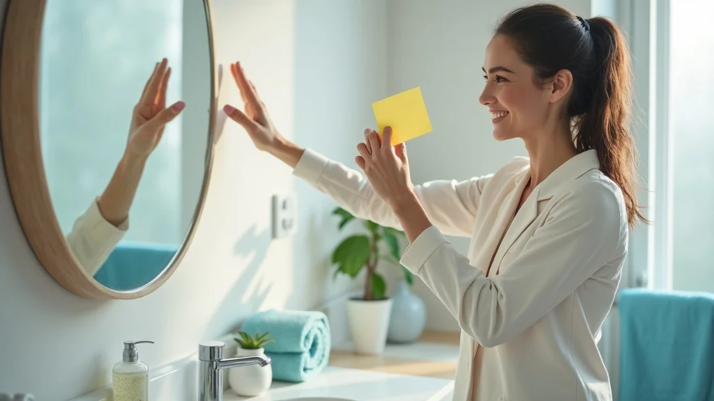 Cheerful adult adding a daily EFT reminder sticky note to their bathroom mirror during a bright morning.