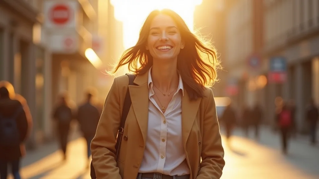 Motivated woman celebrating bankruptcy shame healing progress and a fresh start, smiling confidently in bright urban morning light