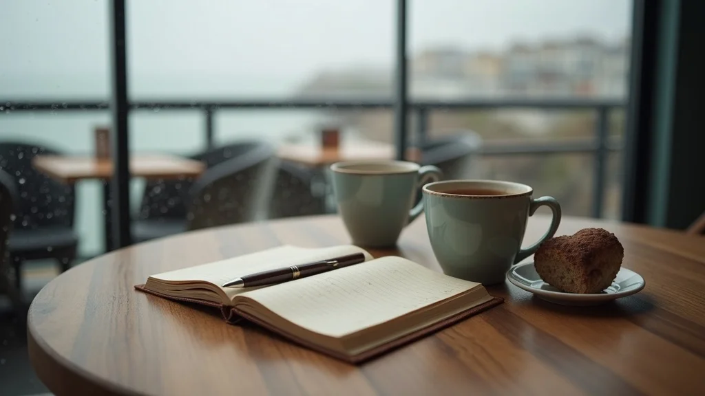 Contemplative journal and mugs of tea on Brighton café table, gentle seaside light