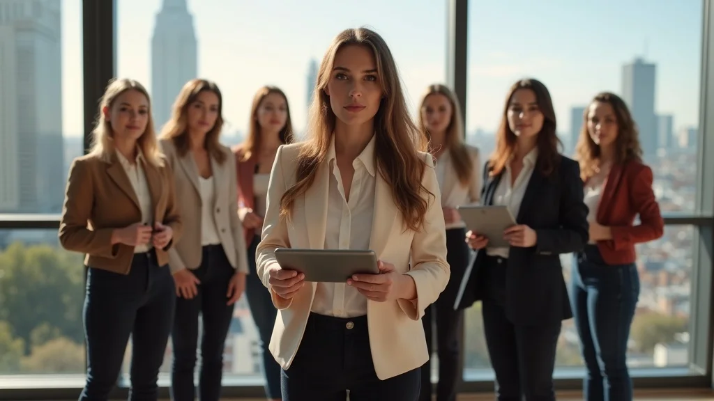 reasons why women entrepreneurs experience anxiety - Diverse group of female entrepreneurs determined, standing together in business attire, photorealistic Brighton office, city views, sharp and lifelike textures