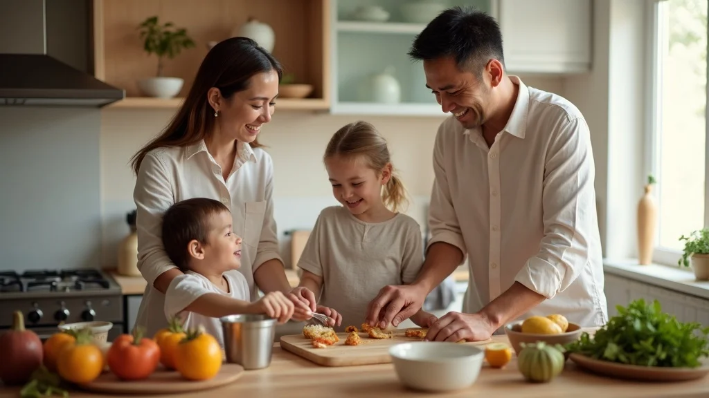 Cheerful Brighton blended family cooking together in a kitchen, showing step and biological parents with happy children – harmonious family life after step parent counselling