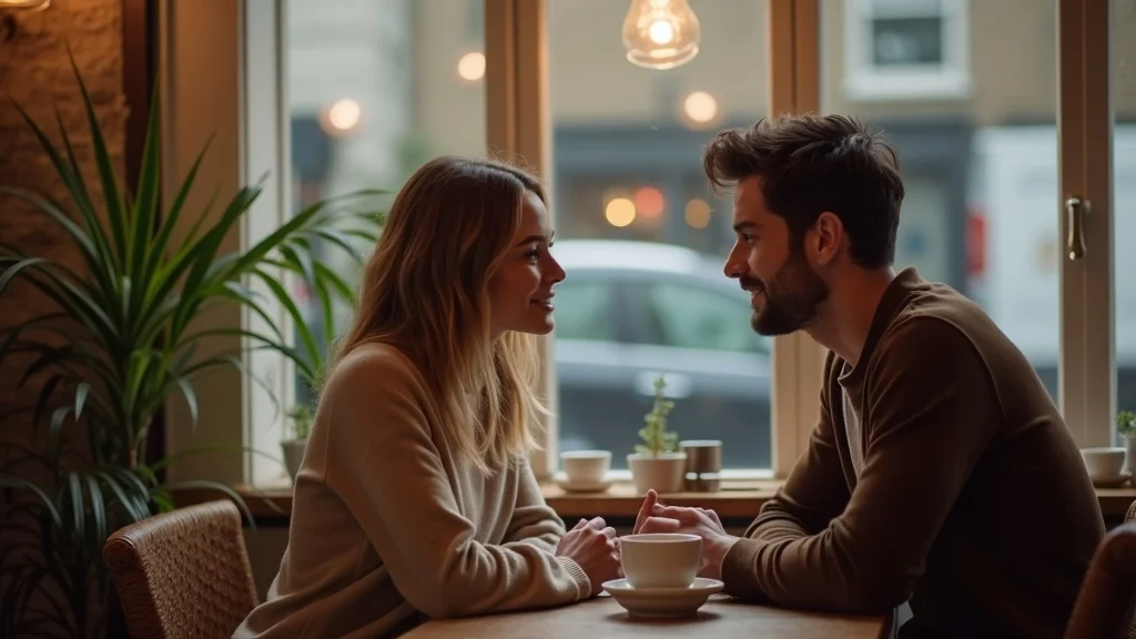 Caring couple in Brighton gently discuss sexual difficulties, showing mutual empathy in a café setting.
