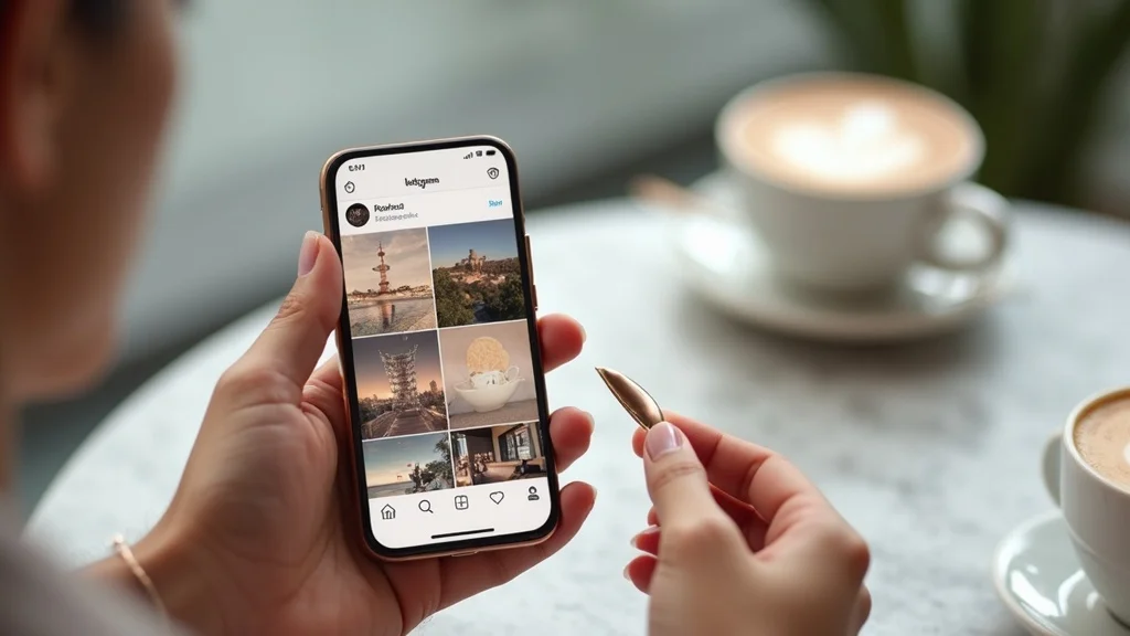 Highly stylized Instagram feed displayed on a smartphone — admiring gaze, hand gently scrolling the screen, styled as Photorealistic set on a pristine coffee shop table with latte art and minimalist decor, featuring reflection on the phone’s glass and soft bokeh background, rendered with ultra-sharp details and tactile textures, emphasized with muted rose golds, whites, and beiges, under diffuse window light, captured as if shot with a 50mm portrait lens.