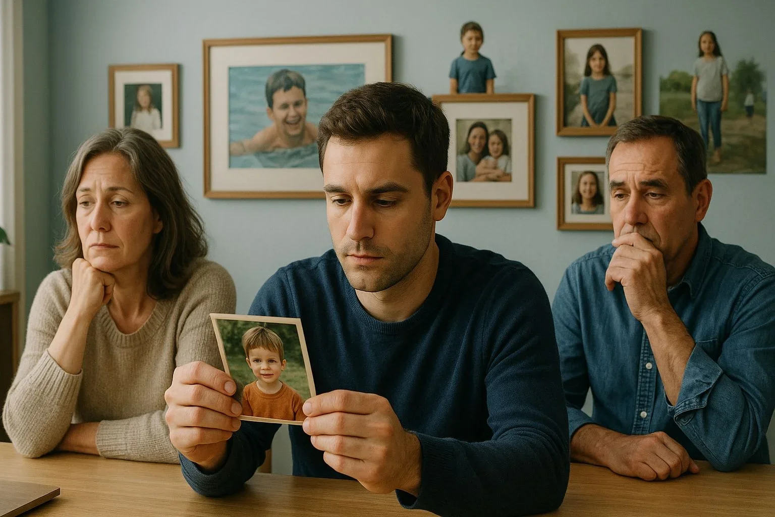 Modern generational portrait of an adult reflecting on childhood photo, showing the passage from childhood trauma to adult attachment style in a UK family context.