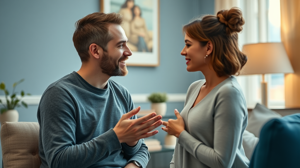 Hopeful couple facing each other, engaging in open and honest conversation. Building trust after infidelity counselling.