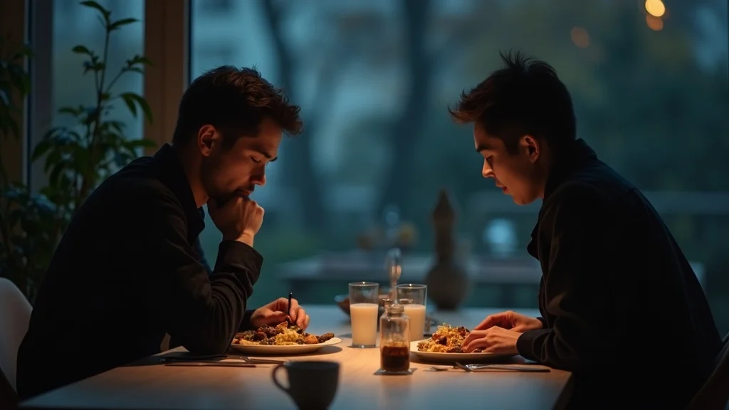 loneliness in a relationship - Melancholic individual at dinner table beside partner, both absorbed in their own world, subtle distance with gently lit room