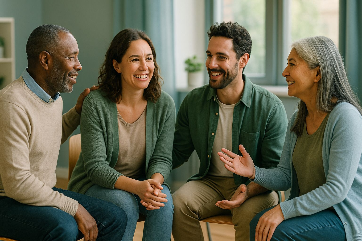 Group support session in a UK community mental health centre, adults supporting each other within a trauma informed setting.