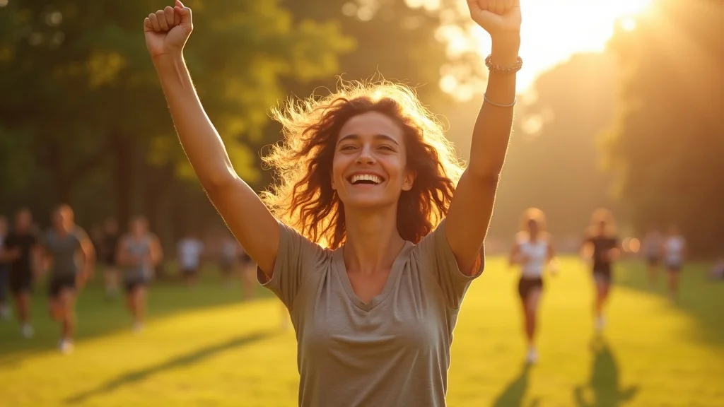 Confident young adult celebrating progress after using emotional freedom technique in a vibrant park.