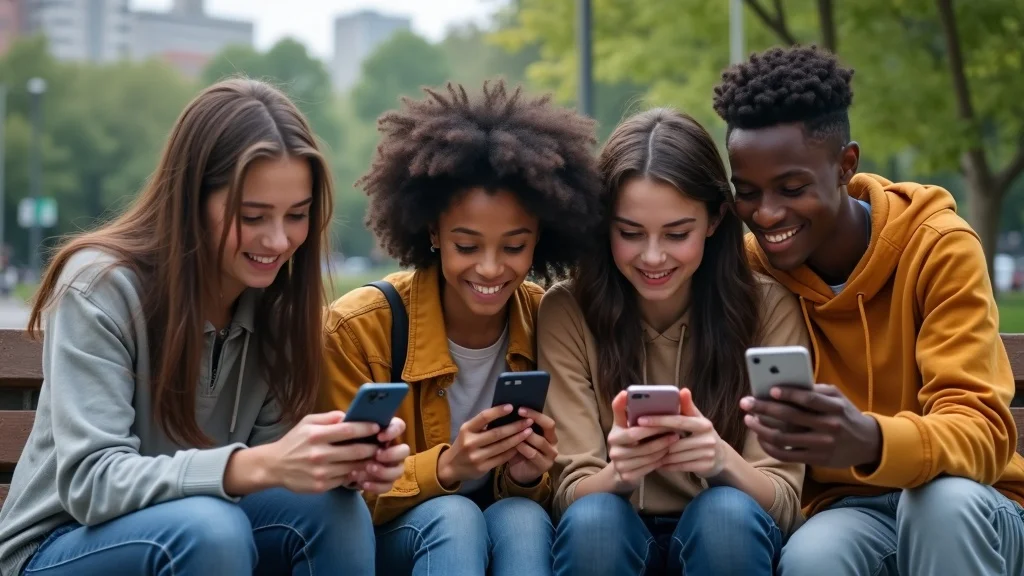 Diverse group of teenagers viewing phones together — varied expressions (curiosity, self-doubt, amusement), sitting on a city bench while sharing their screens, styled as Photorealistic set in an urban park with greenery and distant buildings, featuring subtle motion blur to show active scrolling, rendered with detailed textures, highlighted with lively yet harmonious colors, under even overcast daylight, captured as if shot with a 35mm lens.