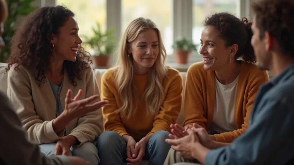 Support group sharing positive stories of recovery after narcissistic relationship counselling