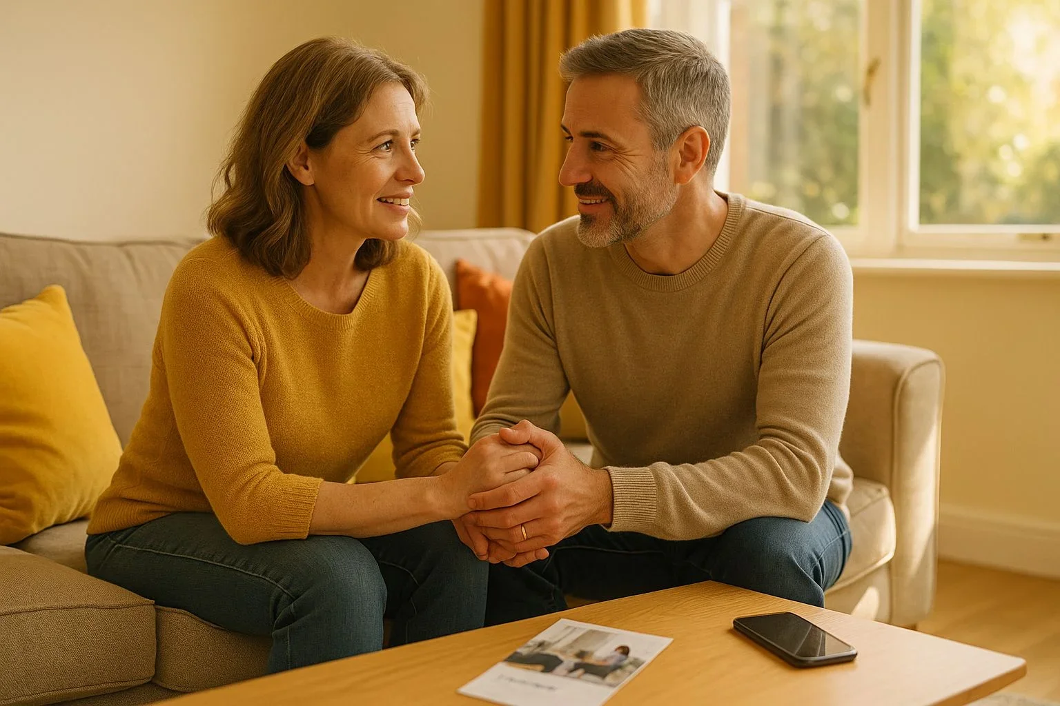 Supportive Brighton couple discussing therapy decisions, showing commitment to trauma healing and healthy relationships in a sunlit home.