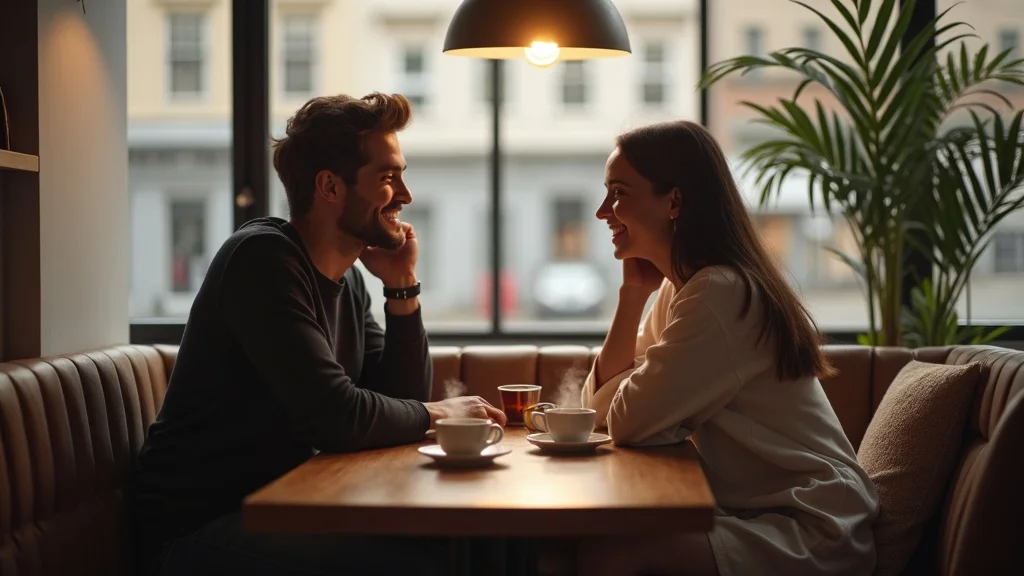 Optimistic young couple in Brighton cafe discussing newlyweds therapy in Brighton and Hove.