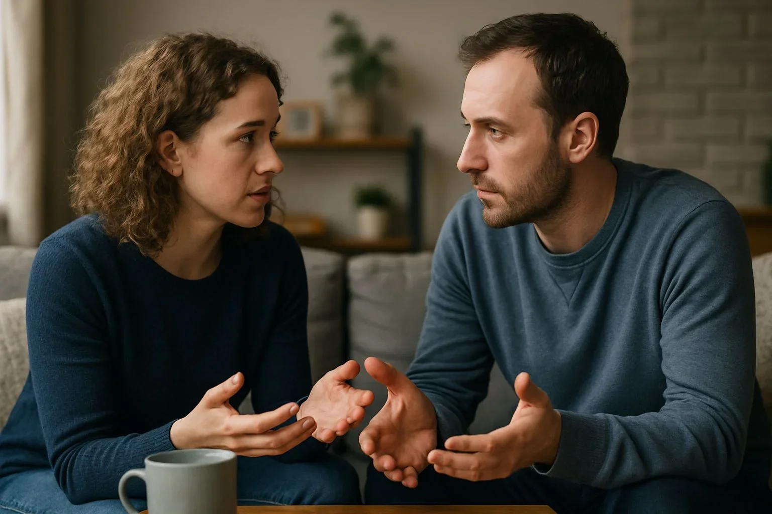 Thoughtful UK couple in mid-conversation discussing attachment theory and trauma ramifications for healthy relationships, set in a cosy urban flat.