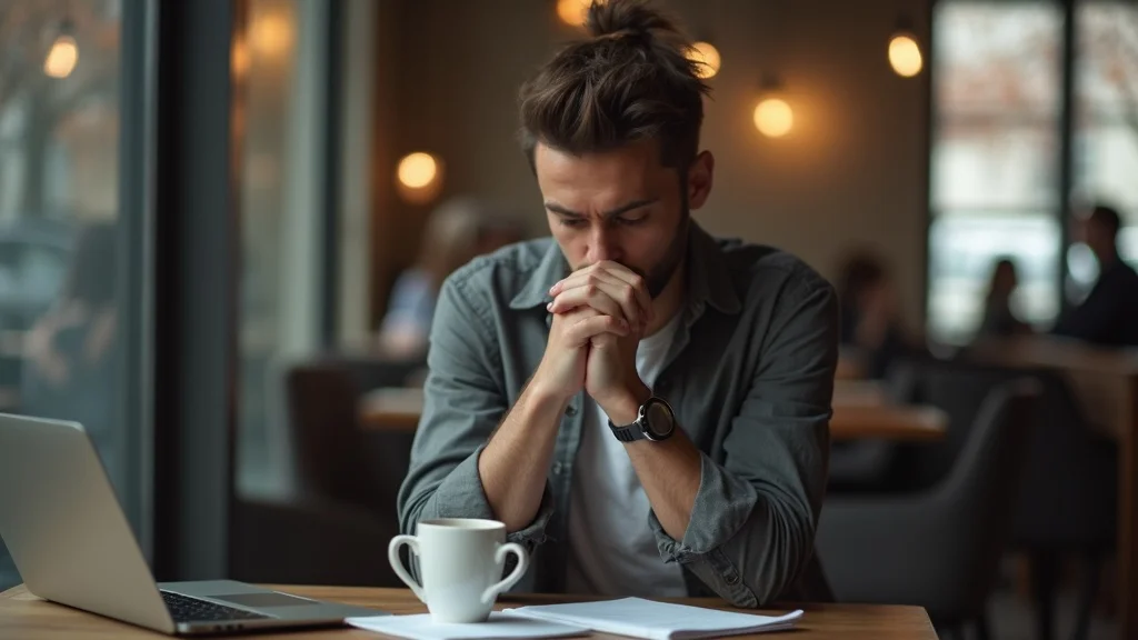 Professional dealing with emotional fallout from investment loss trauma in coffee shop