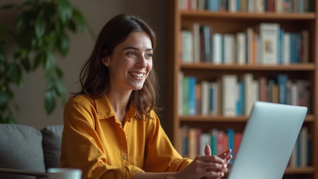 relationship therapist online brighton - Inviting, empathetic therapist in a virtual session in a book-lined study with Brighton decor, engaged in online counselling