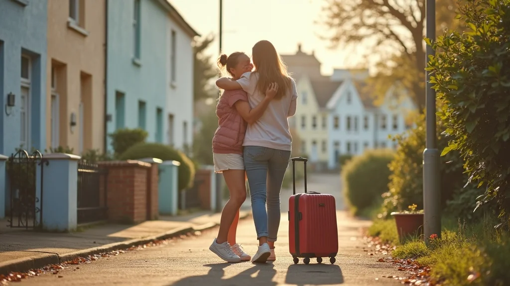 Supportive parent and child farewell in Brighton, gentle embrace on pastel street, suitcases, natural optimism, empty nest syndrome